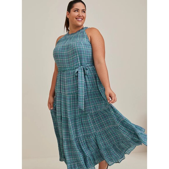 NWT Torrid 1X Blue Plaid Sleeveless Maxi Lindsay Hi-Low Tiered Dress Size 14-16 - Picture 2 of 8